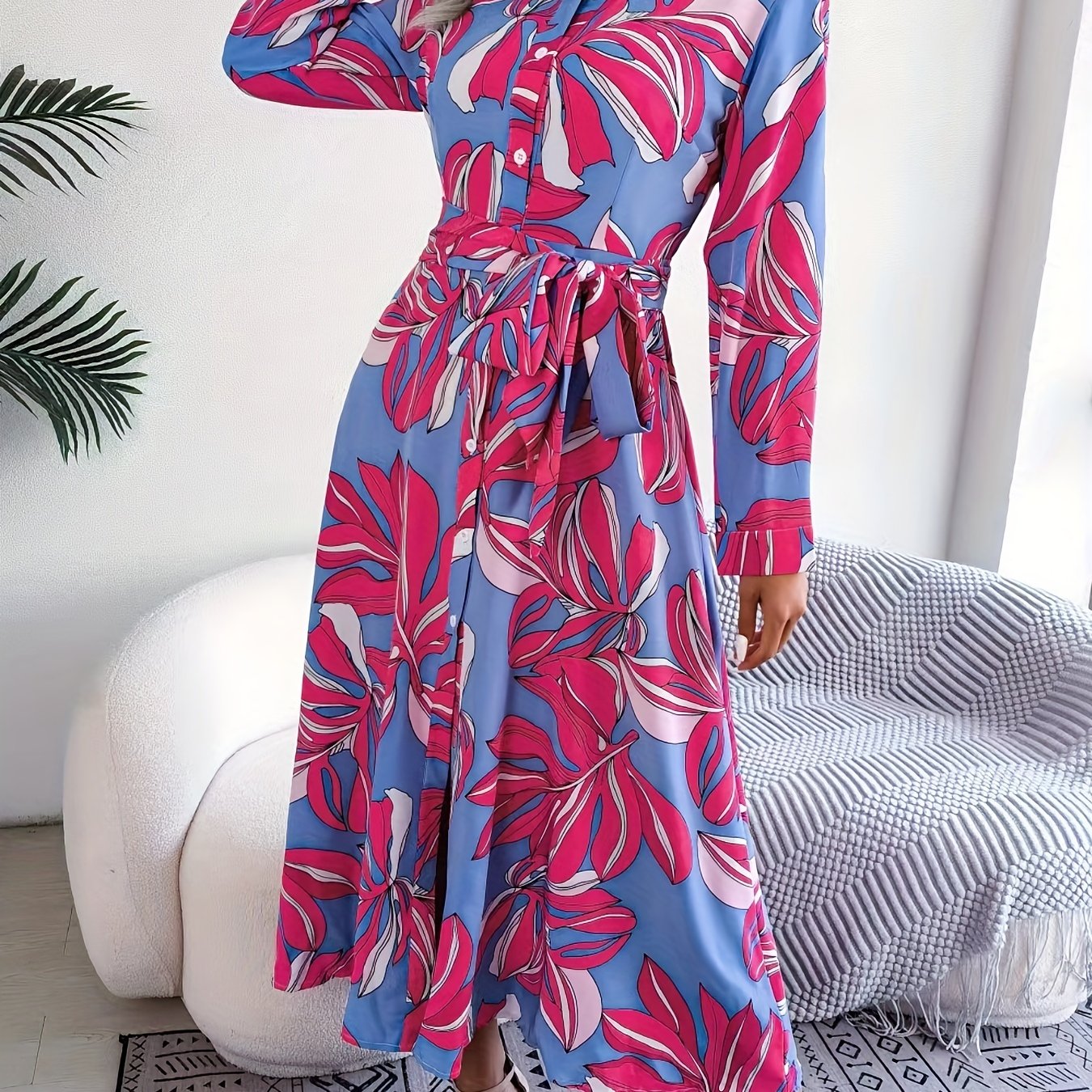 Antmvs Floral Print Button Front Dress, Elegant Long Sleeve Midi Dress, Women's Clothing