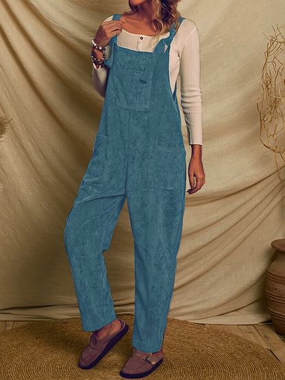 Antmvs Solid Corduroy Overall Jumpsuit, Casual Patched Pockets Overall Jumpsuit For Spring & Fall, Women's Clothing
