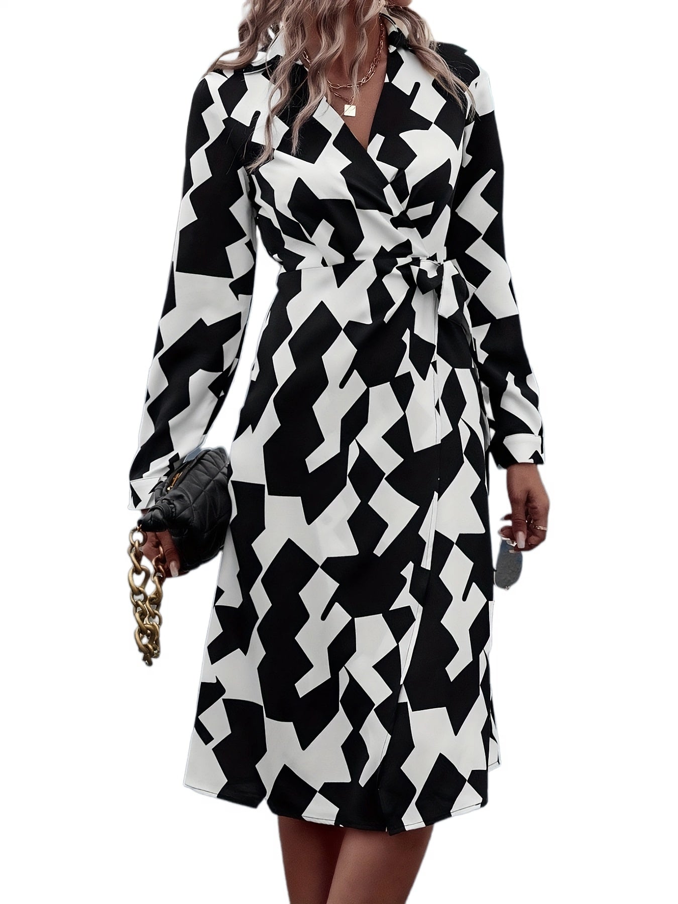 Antmvs Geo Print Wrap V Neck Dress, Elegant Long Sleeve Dress For Spring & Fall, Women's Clothing