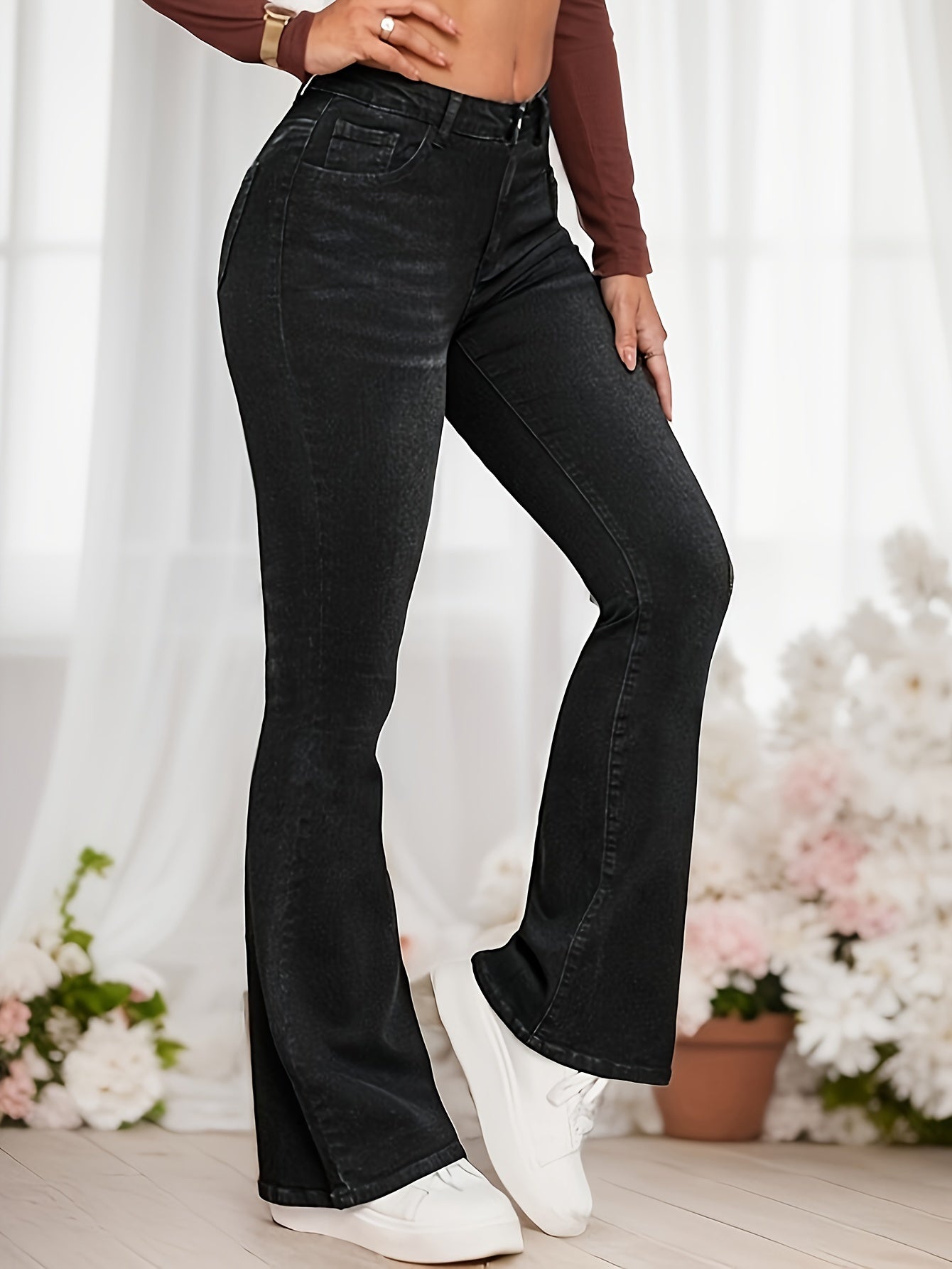 Antmvs High Waist Casual Flare Jeans, High Stretch Slim Fit Bell Bottom Jeans, Women's Denim Jeans & Clothing