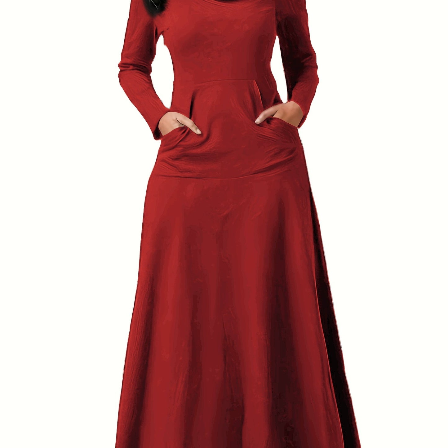 Antmvs Pile Collar Solid Maxi Dress, Elegant Long Sleeve Kangaroo Pocket Dress, Women's Clothing