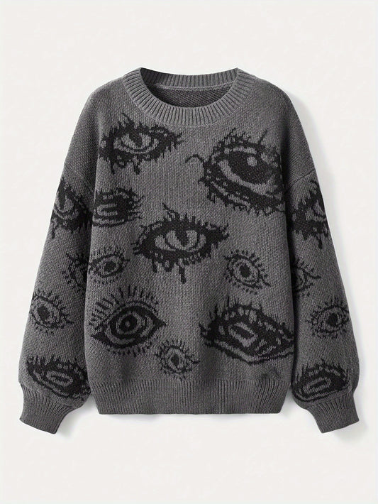 Antmvs Eye Pattern Crew Neck Sweater, Y2K Long Sleeve Pullover Sweater, Women's Clothing