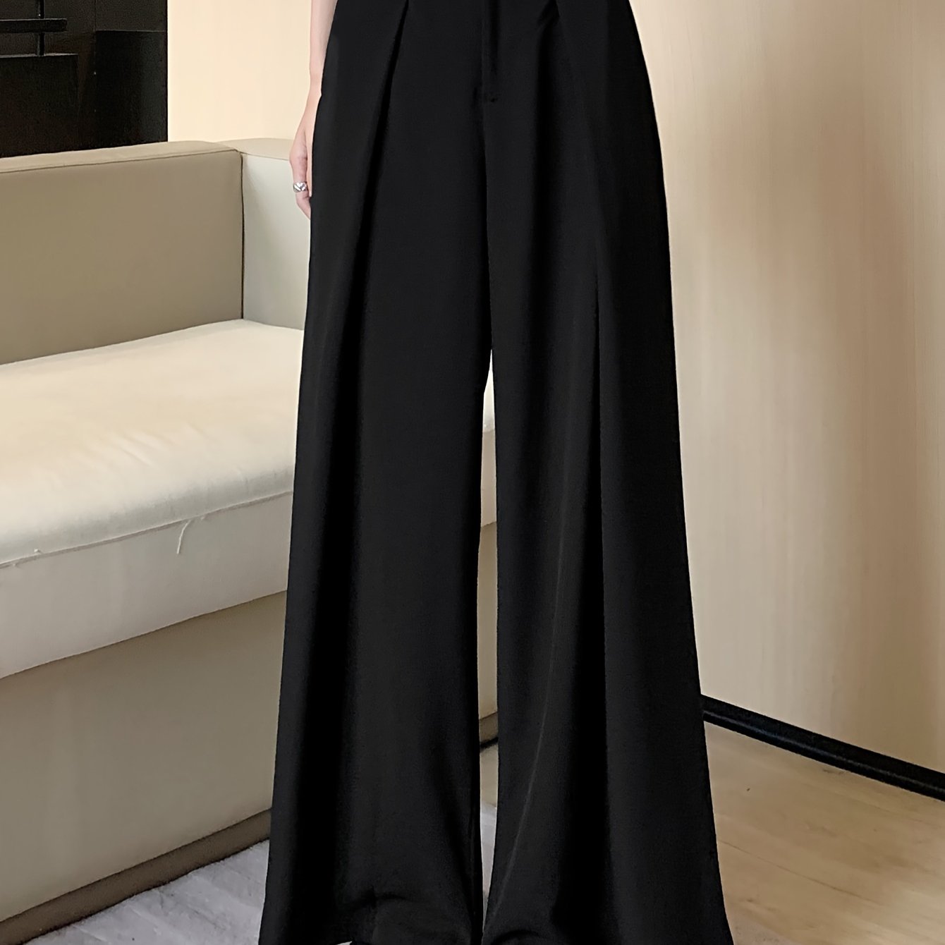 Antmvs Solid Button Front Wide Leg Pants, Versatile High Waist Pants For Spring & Fall, Women's Clothing