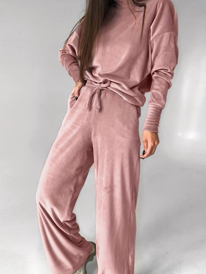 Antmvs Solid Casual Two-piece Set, Crew Neck Long Sleeve Tops & Drawstring Wide Leg Pants Outfits, Women's Clothing