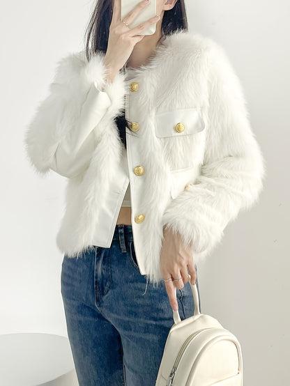 Antmvs Button Front Faux Fur Coat, Elegant Long Sleeve Coat For Fall & Winter, Women's Clothing