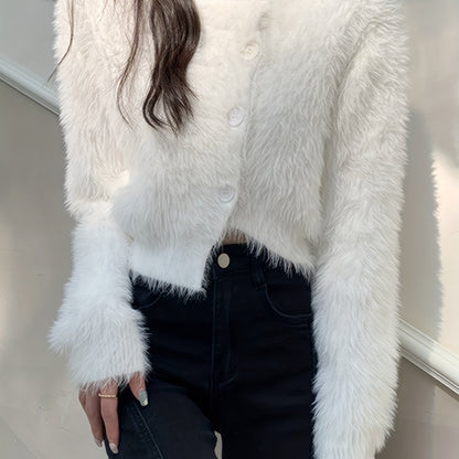 Antmvs Imitation Mink Fleece Button Up Cardigan, Elegant Long Sleeve Sweater For Fall & Winter, Women's Clothing