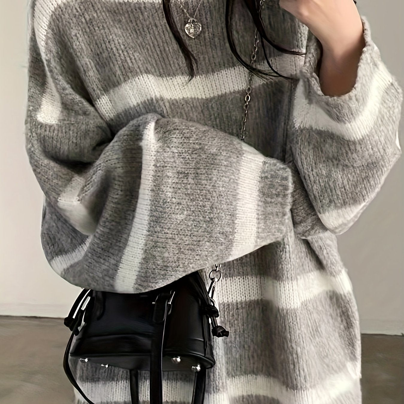 Antmvs Striped Crew Neck Pullover Sweater, Casual Long Sleeve Oversized Cozy Sweater, Women's Clothing