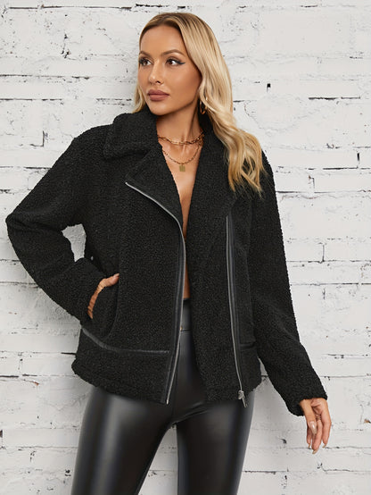 Antmvs Solid Zipper Lapel Teddy Coat, Versatile Long Sleeve Thermal Coat For Fall & Winter, Women's Clothing