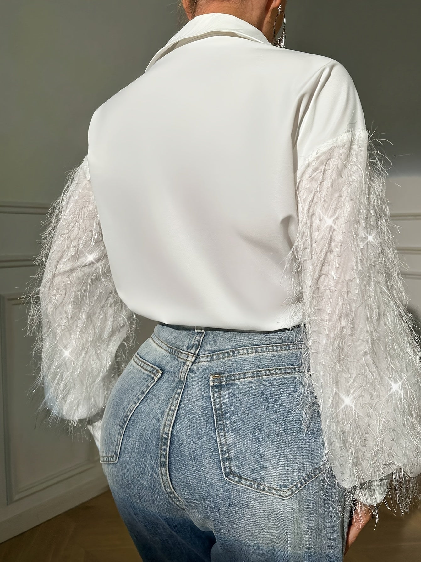 Antmvs Fuzzy Trim Polo Collar Button Front Blouse, Casual Long Sleeve Blouse For Spring & Fall, Women's Clothing