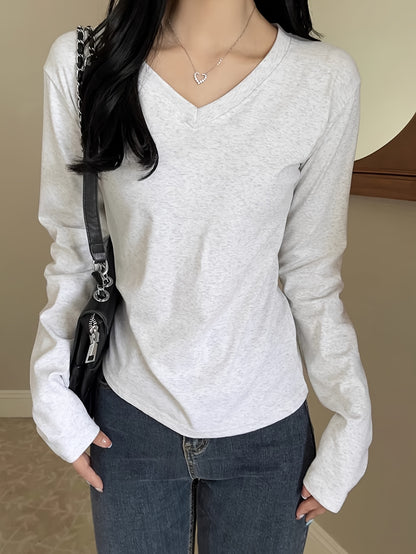 Antmvs Solid Color V Neck T-Shirt, Casual Long Sleeve T-Shirt For Spring & Fall, Women's Clothing