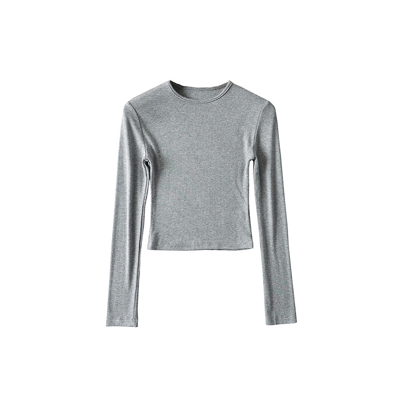 Antmvs Willy Solid Color Ribbed Round Neck Slim Long Sleeve Cropped Bodysuit Top