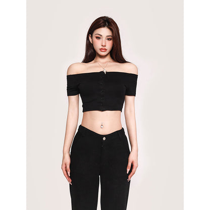 Antmvs Carla Solid Color Off-the-Shoulder Button Up Slim Cropped Top