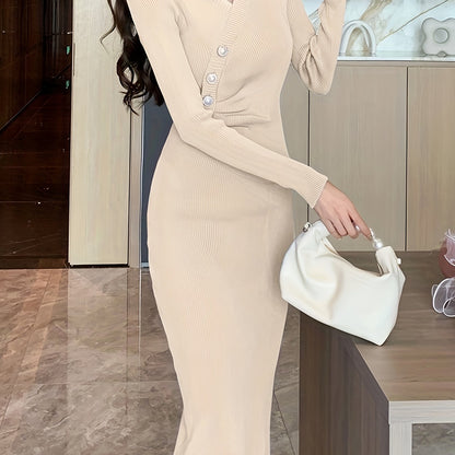 Antmvs Button Front Solid Midi Dress, Elegant V Neck Long Sleeve Dress, Women's Clothing