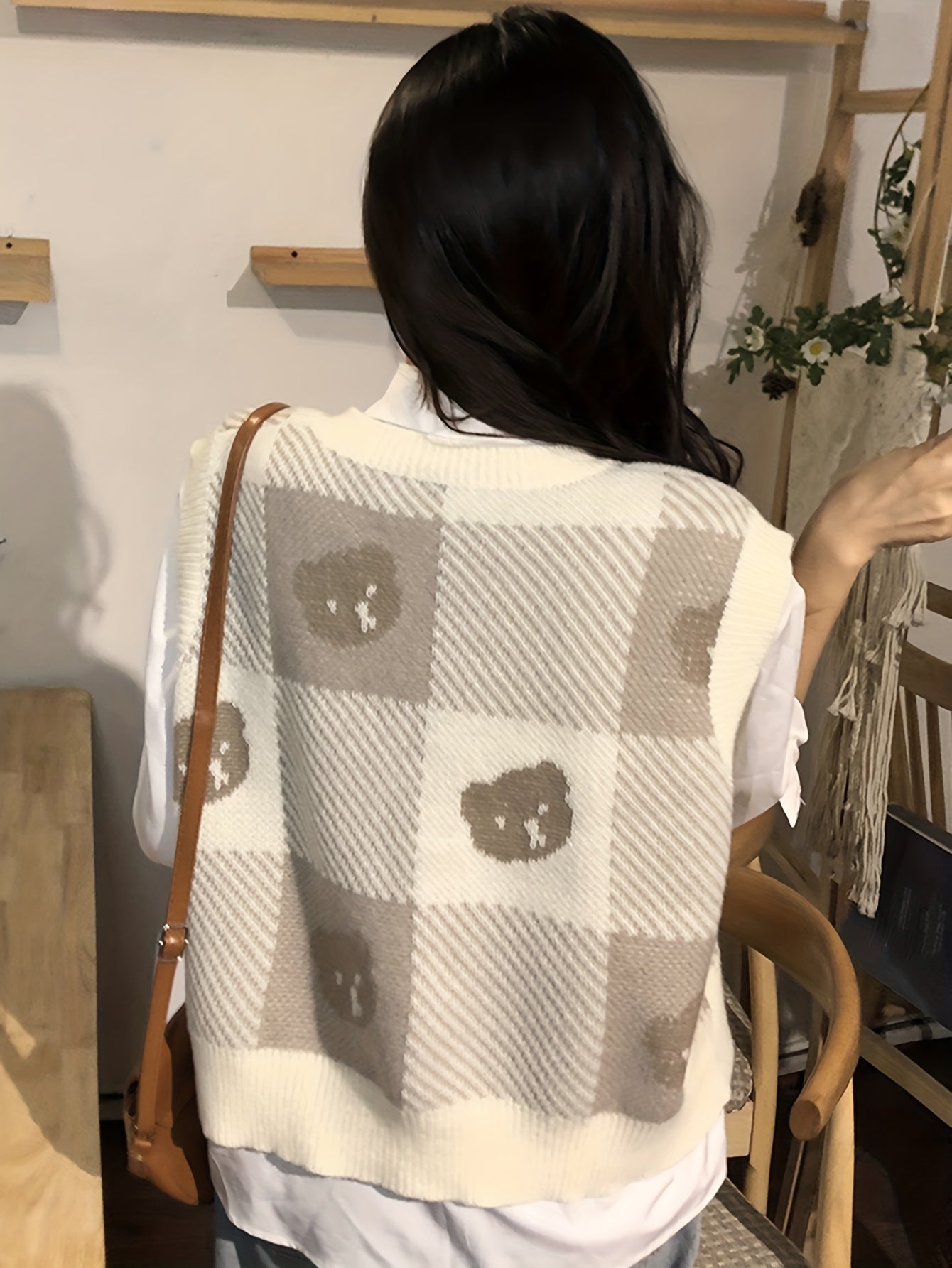 Antmvs Bear Pattern V Neck Knitted Vest, Casual Sleeveless Sweater For Spring & Fall, Women's Clothing