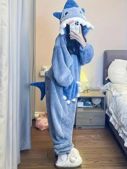 Antmvs Cartoon Shark Hooded Jumpsuit, Long Sleeve Zipper Fuzzy Pajamas, Women's Sleepwear & Loungewear