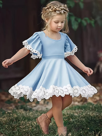 Toddler Girls Butterfly Sleeve Contrast Lace Trim Princess Dress For Party Beach Vacation Kids Summer Clothes