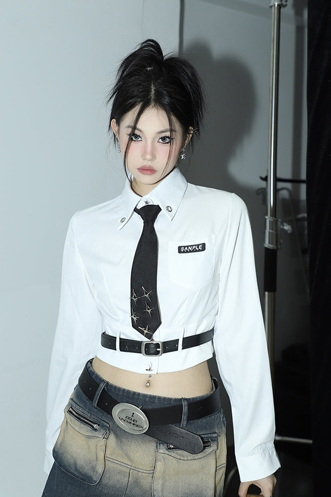 Antmvs Liana Solid Color White Preppy Letter Cropped Star Office Shirt Long Sleeve Black Waist Belt Top