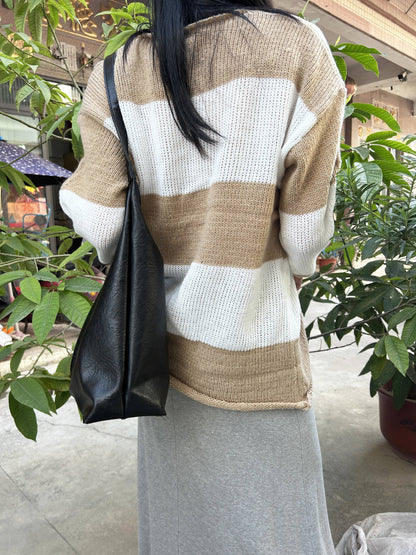 Antmvs Color Block Striped Pullover Sweater, Vintage V Neck Long Sleeve Sweater, Women's Clothing