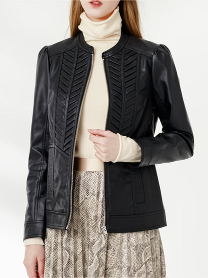Antmvs Faux Leather PU Zipper Coat, Elegant Woven Pattern Long Sleeve Fashion Loose Slim Outerwear, Women's Clothing