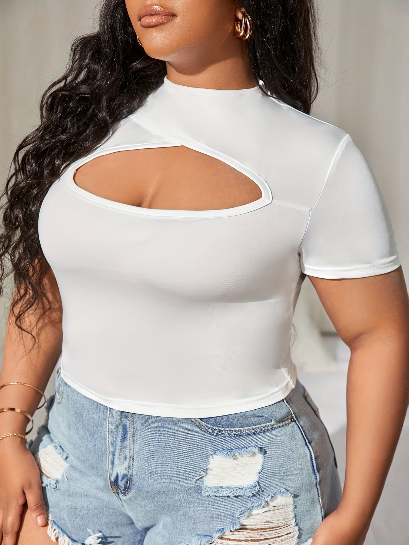 Antmvs Plus Size Sporty Top, Women's Plus Plain Cut Out Short Sleeve High Neck Slight Stretch Top