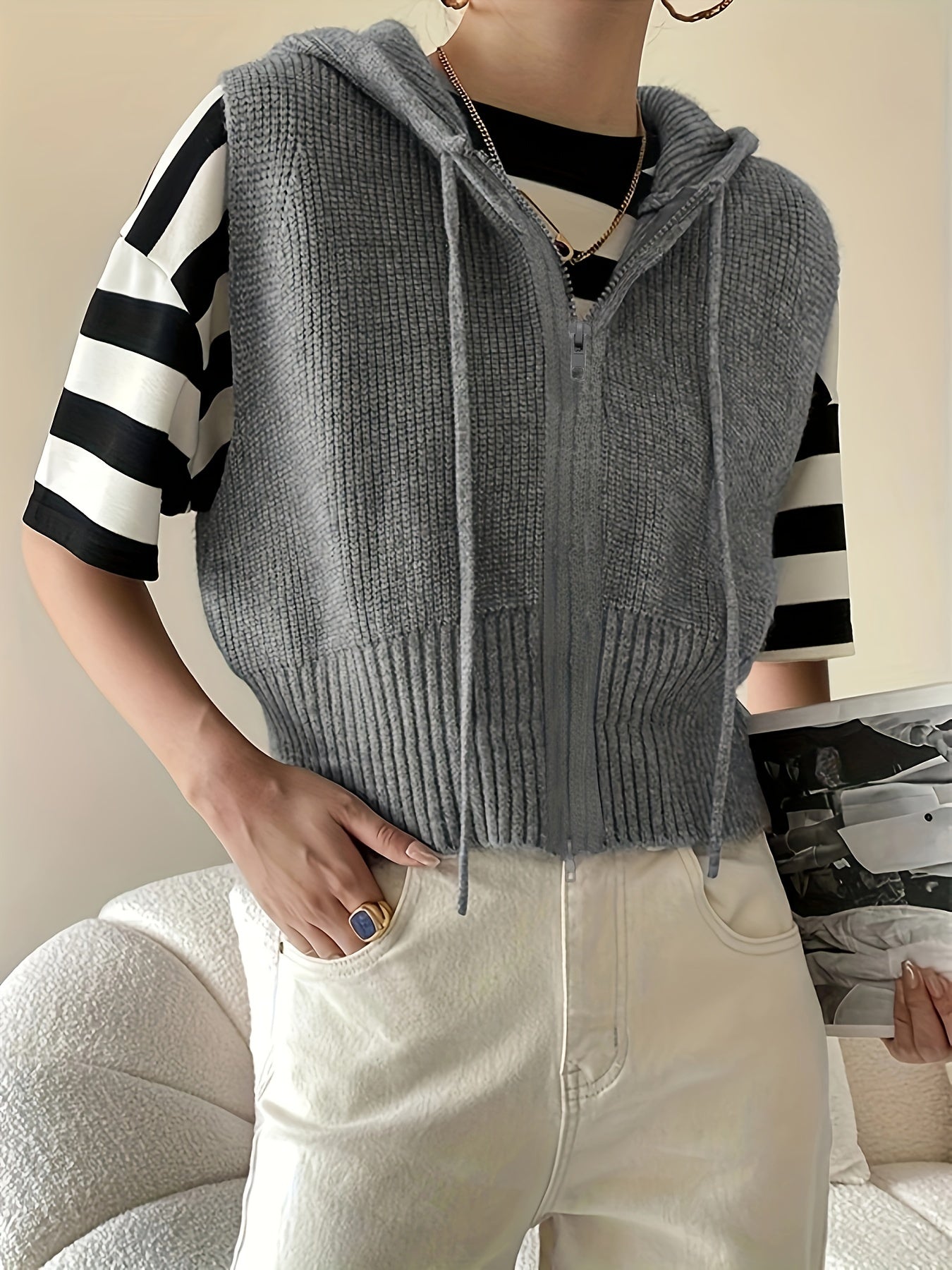 Antmvs Y2K Solid Zip Up Sweater Vest, Sleeveless Drawstring Hooded Sweater, Women's Clothing