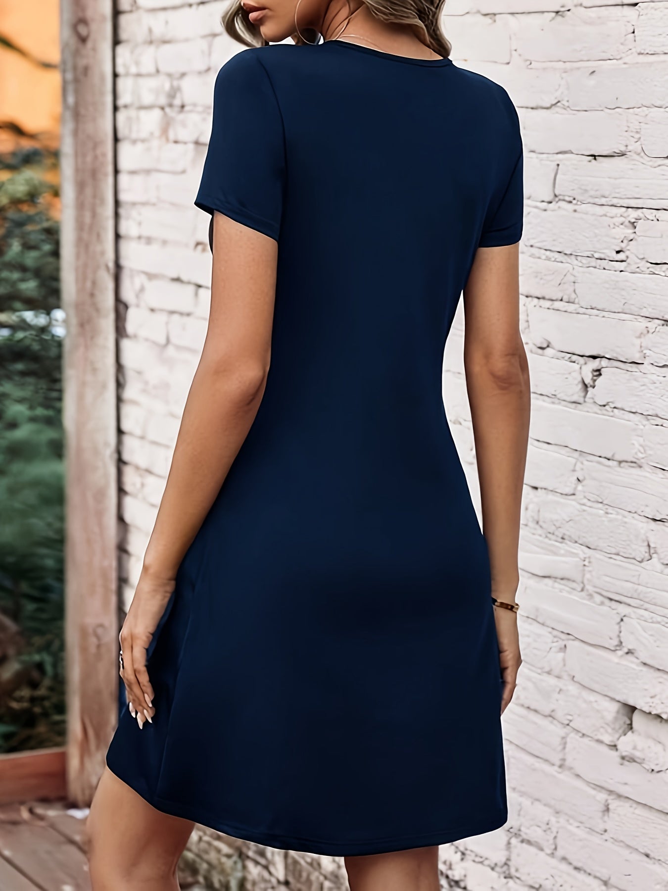 Antmvs Solid Keyhole Mini Dress, Elegant Crew Neck Short Sleeve Dress, Women's Clothing