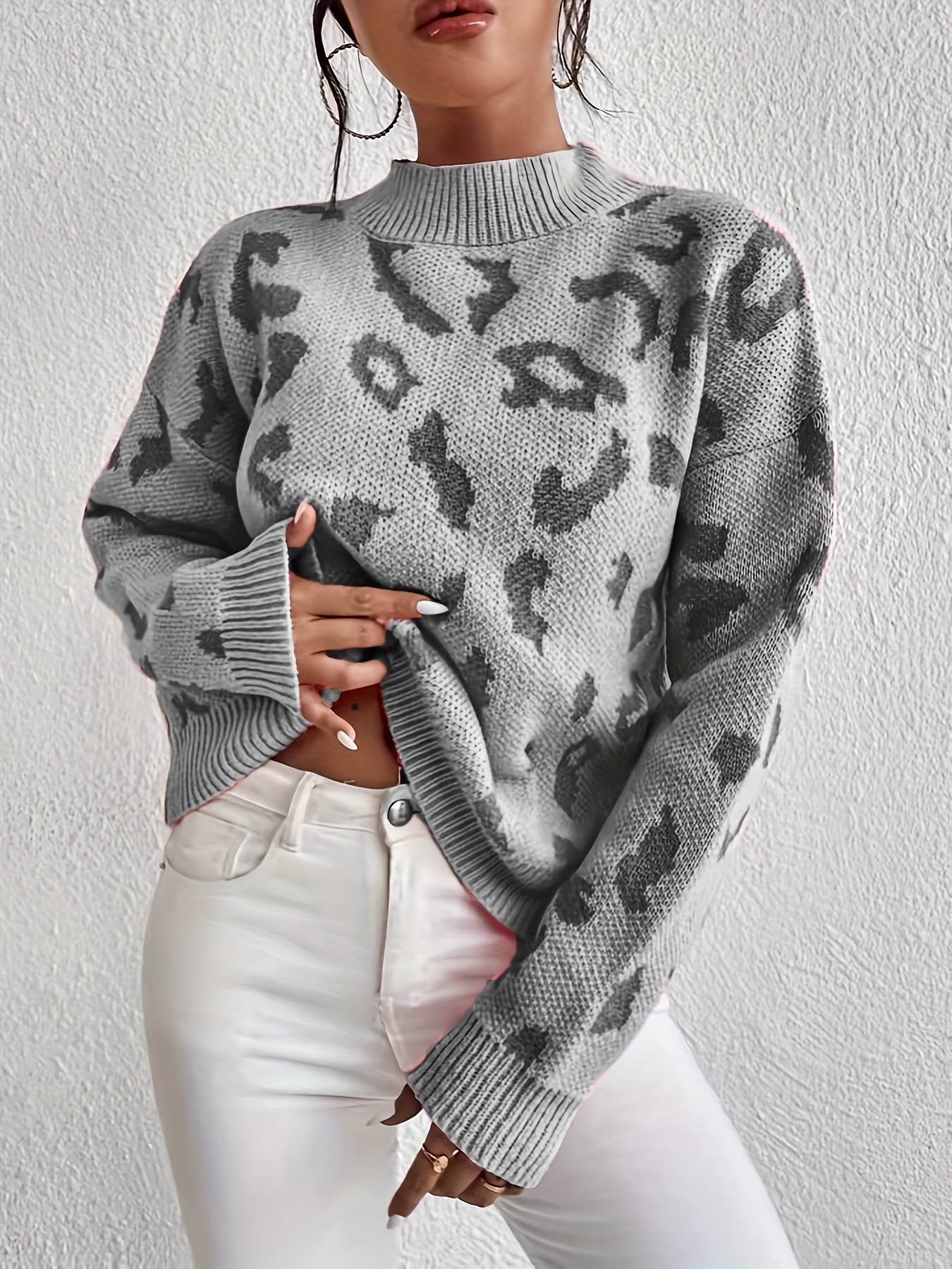 Antmvs Leopard Pattern Mock Neck Sweater, Casual Long Sleeve Sweater For Fall & Winter, Women's Clothing