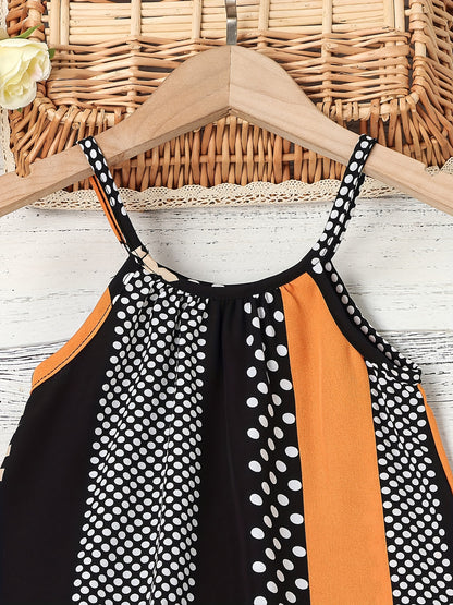 Chic Summer Ruffle Cami Dress for Girls - Easy Care, Color Block Stripes & Polka Dots, Polyester