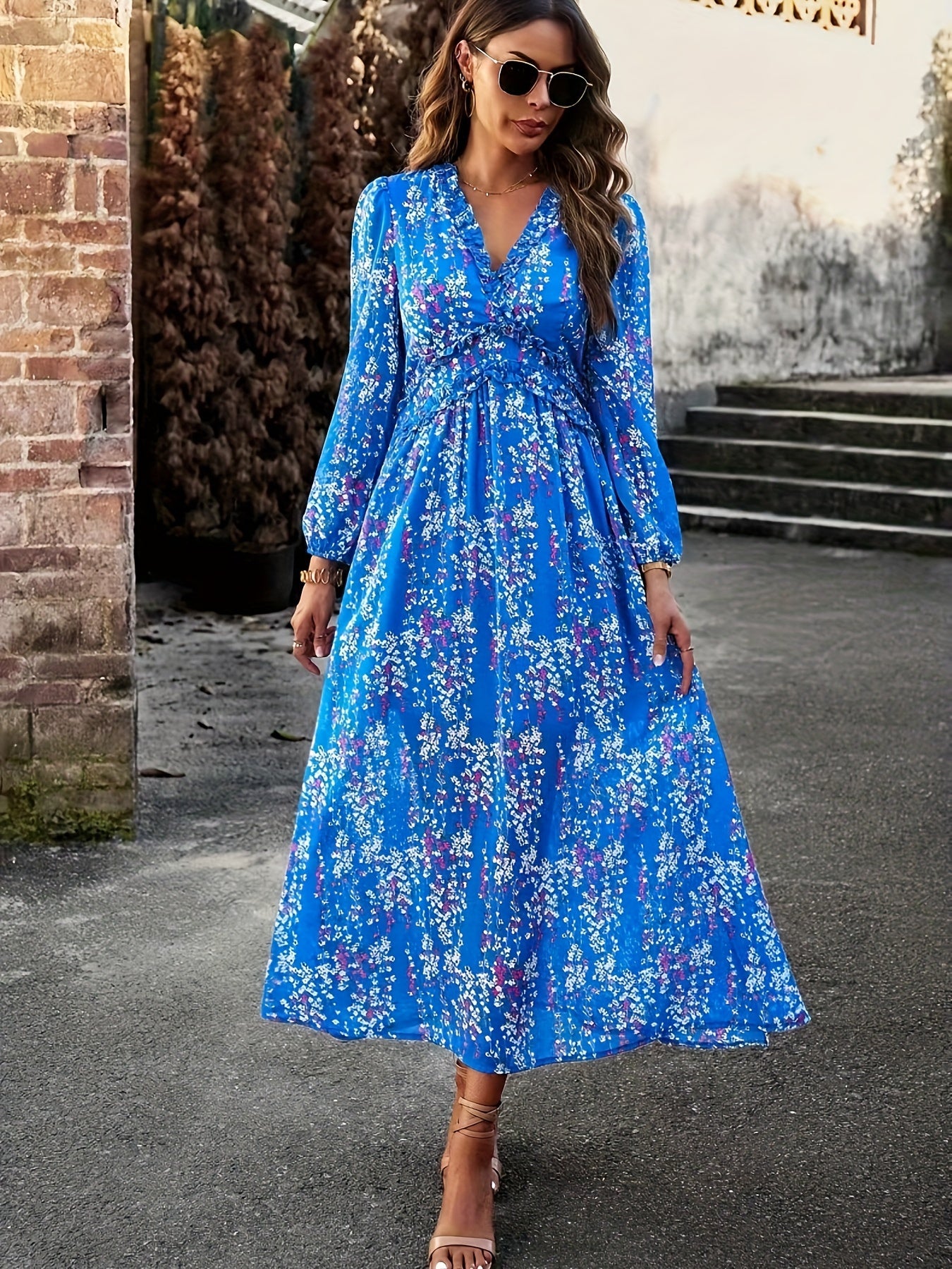 Antmvs Floral Print Maxi Dress, Casual V Neck Long Sleeve Dress, Women's Clothing