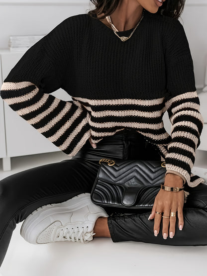Antmvs Plus Size Casual Sweater, Women's Plus Stripe Print Long Sleeve Round Neck Slight Stretch Sweater