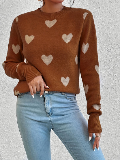 Antmvs Heart Pattern Crew Neck Sweater, Casual Long Sleeve Pullover Sweater, Women's Clothing