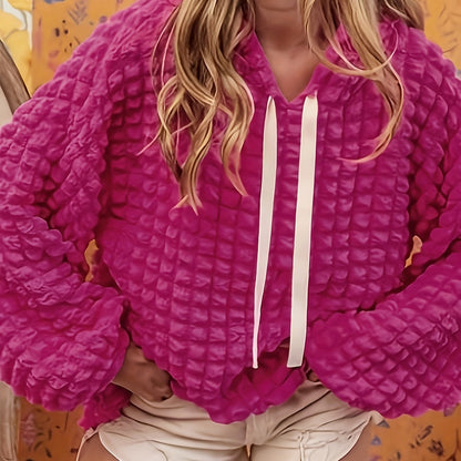 Antmvs Plus Size Casual Sweatshirt, Women's Plus Textured Long Sleeve Drawstring Slight Stretch Hoodie