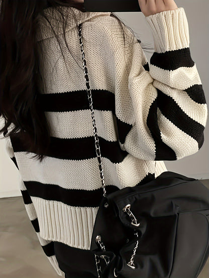 Antmvs Striped Turndown Collar Pullover Sweater, Casual Long Sleeve Loose Sweater, Women's Clothing