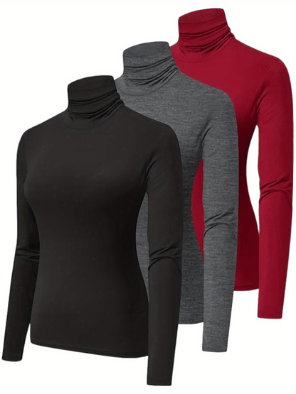 Antmvs 3 Packs Turtleneck T-Shirts, Casual Long Sleeve Top For Spring & Fall, Women's Clothing