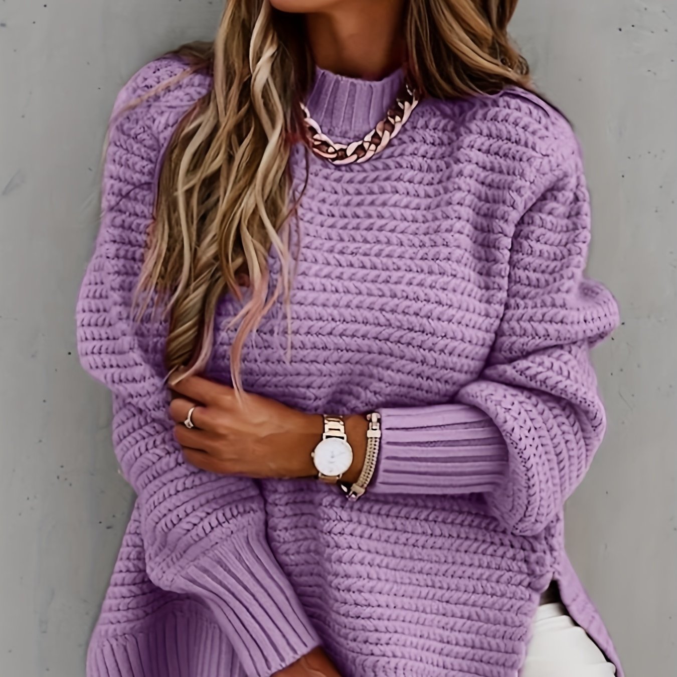 Antmvs Solid Mock Neck Chunky Knit Sweater, Casual Long Sleeve Split Pullover Sweater For Fall & Winter, Women's Clothing