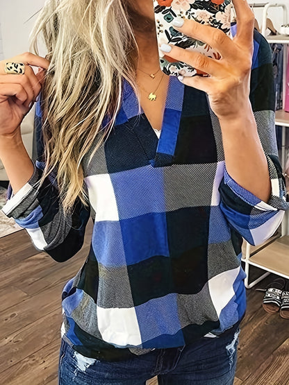 Antmvs  Casual Plaid Shirt, Long Sleeve V-neck Shirt,  Casual Every Day Tops, Women's Clothing