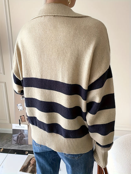 Antmvs Striped V Neck Pullover Sweater, Casual Long Sleeve Drop Shoulder Sweater, Women's Clothing