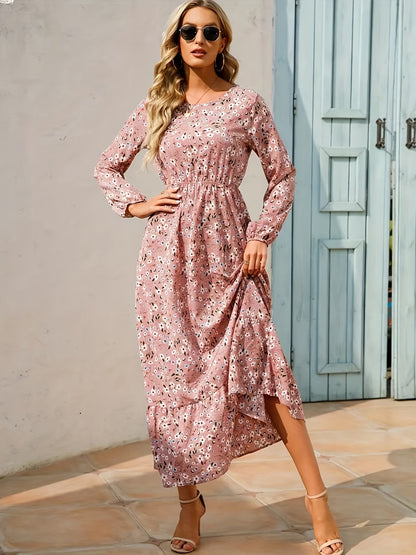 Antmvs Floral Print Lantern Sleeve Dress, Casual Crew Neck Ruffle Hem Dress For Spring & Summer, Women's Clothing