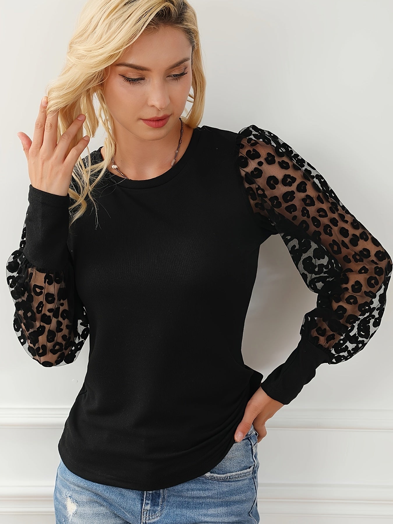 Antmvs Leopard Illusion Sleeve Top, Casual Crew Neck Slim Top, Women's Clothing