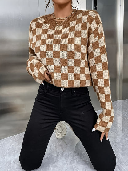 Antmvs Plaid Pattern Crew Neck Pullover Sweater, Casual Long Sleeve Sweater, Women's Clothing