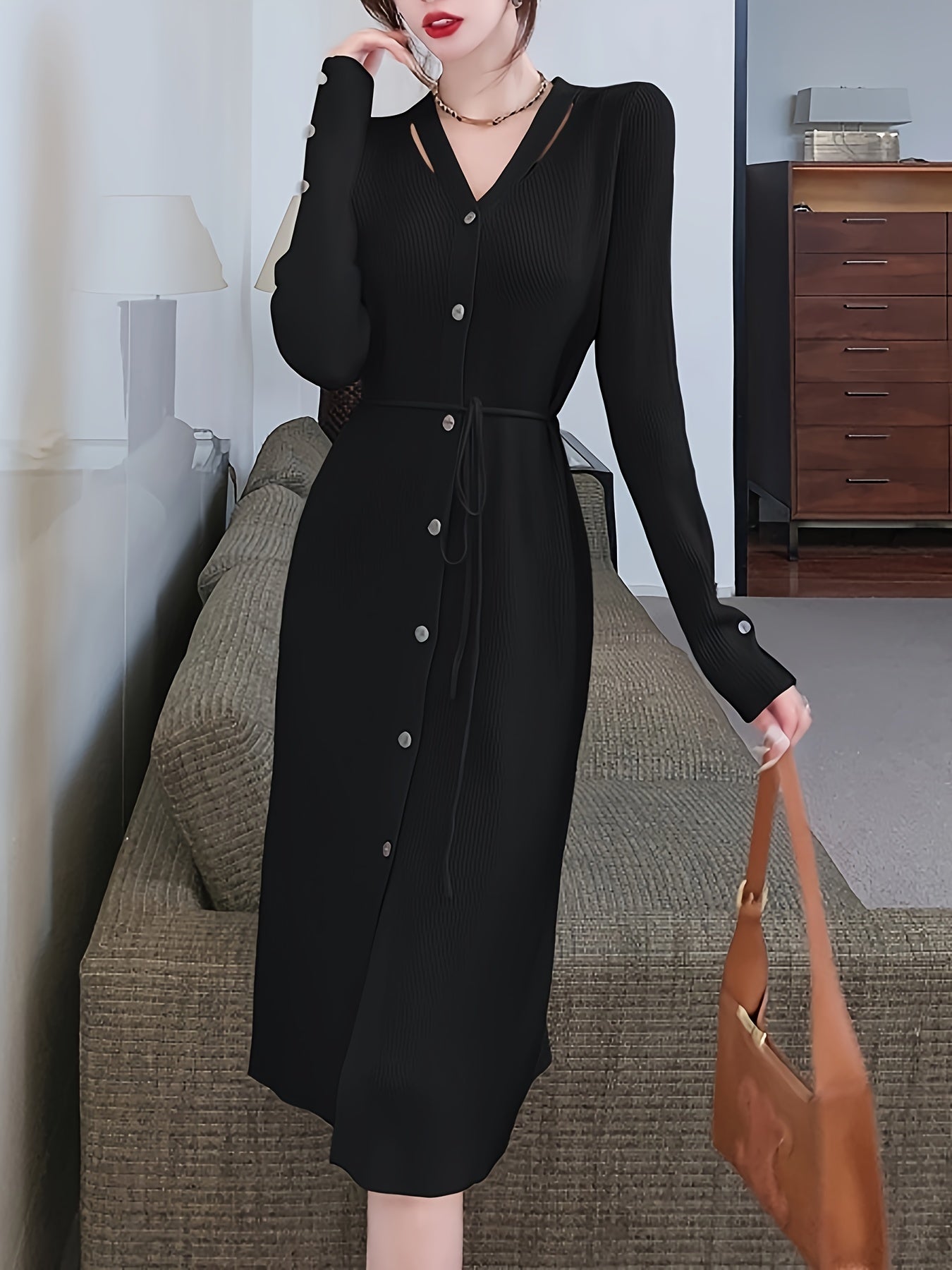 Antmvs Button Front Solid Midi Dress, Elegant V Neck Long Sleeve Dress, Women's Clothing