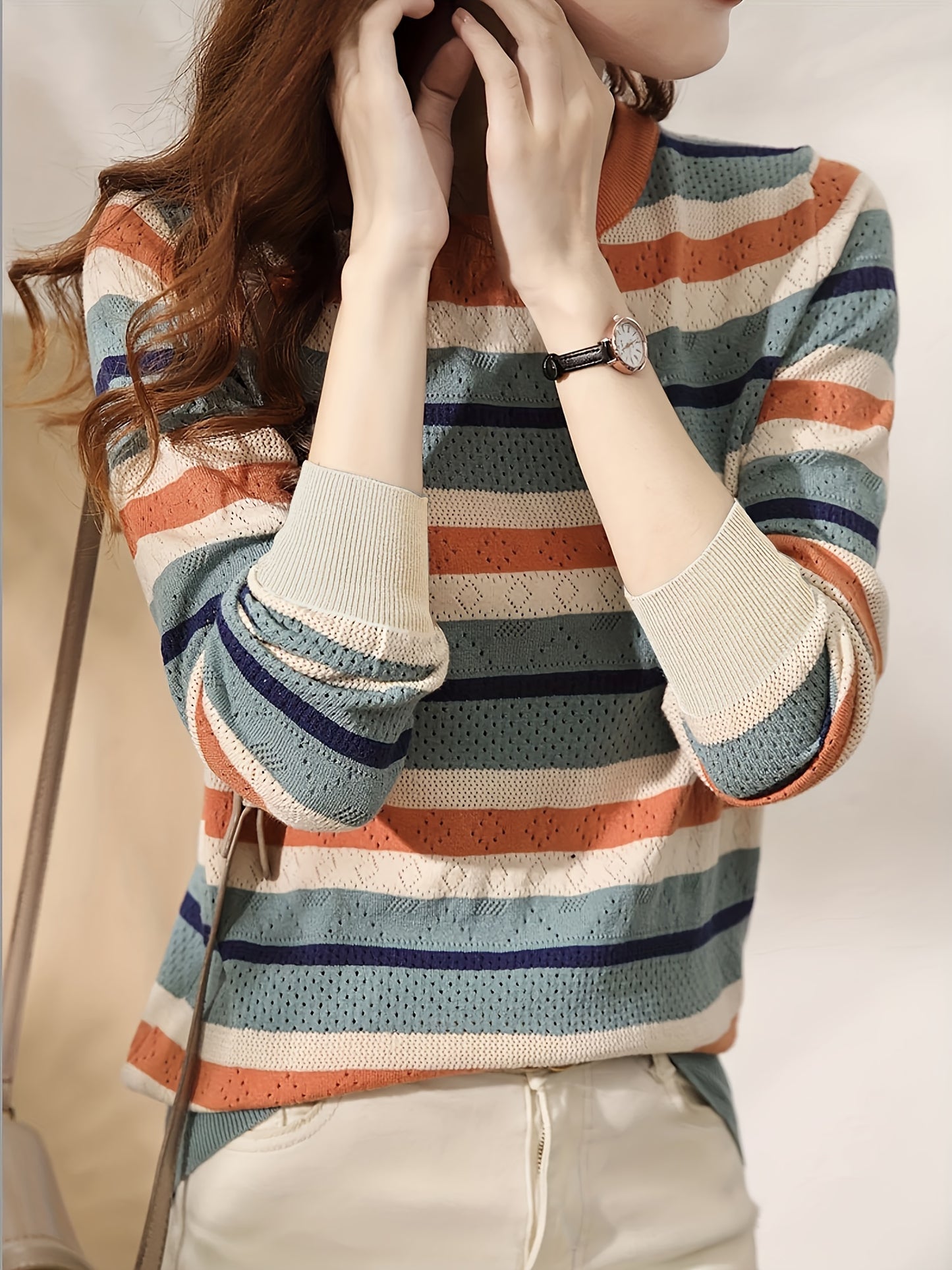 Antmvs Striped Crew Neck Knitted Top, Casual Long Sleeve Sweater For Spring & Fall, Women's Clothing