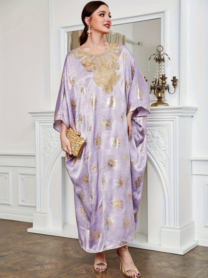 Antmvs Floral Pattern Crew Neck Kaftan Abaya, Elegant Batwing Sleeve Maxi Dress, Women's Clothing