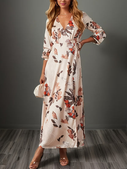 Antmvs Floral Print Maxi Dress, Elegant Surplice Neck Long Sleeve Dress, Women's Clothing