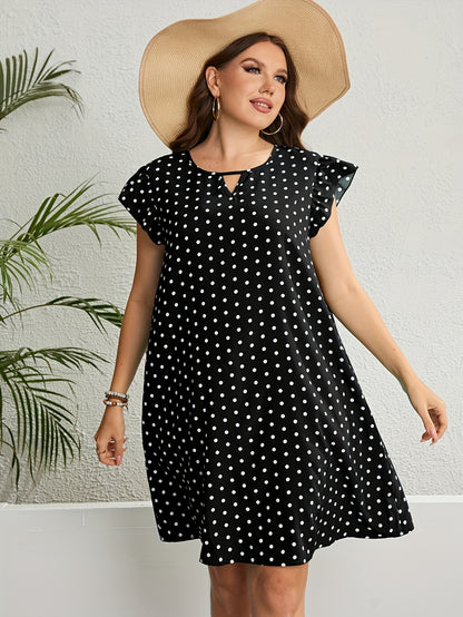 Antmvs Plus Size Vacay Dress, Women's Plus Polka Dot Print Cap Sleeve Cut Out Round Neck Dress