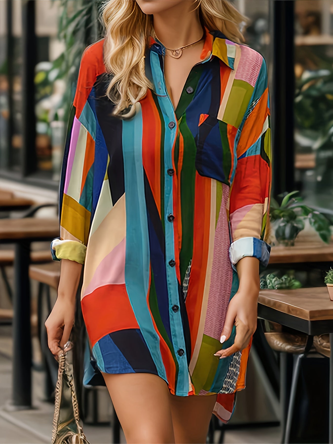 Plus Size Elegant Geometric Print Shirt - Lapel Collar, Button Front, Slight Stretch, Flared Hem, Long Sleeve, Regular Length - Perfect for Weekend Casual in Spring & Fall