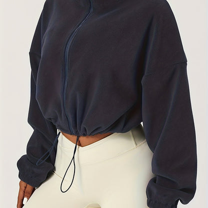 Antmvs Women's Warm Fleece Crop Jacket With Zipper And Drawstring - Perfect For Casual Sports And Outdoor Activities