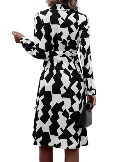 Antmvs Geo Print Wrap V Neck Dress, Elegant Long Sleeve Dress For Spring & Fall, Women's Clothing