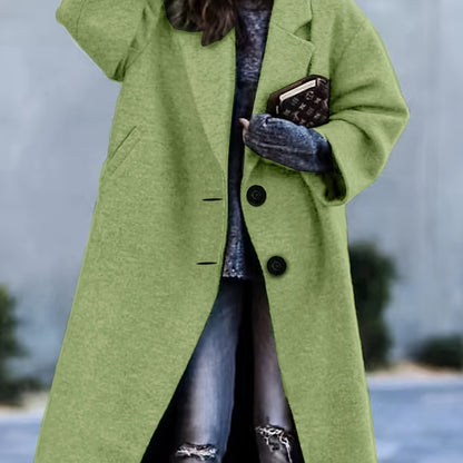 Antmvs Plus Size Casual Coat, Women's Plus Solid Button Up Long Sleeve Lapel Collar Long Coat