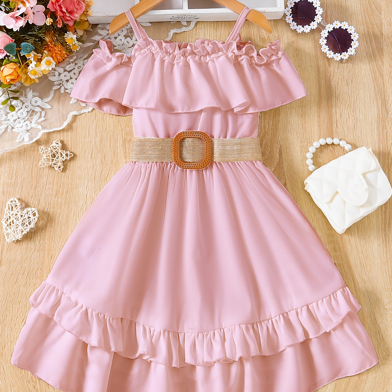 Charming Girls Solid Ruffle Trim Dress - Fashionable Belted Waist for Summer Parties & Holidays - Premium Quality, Comfortable, Ideal Gift